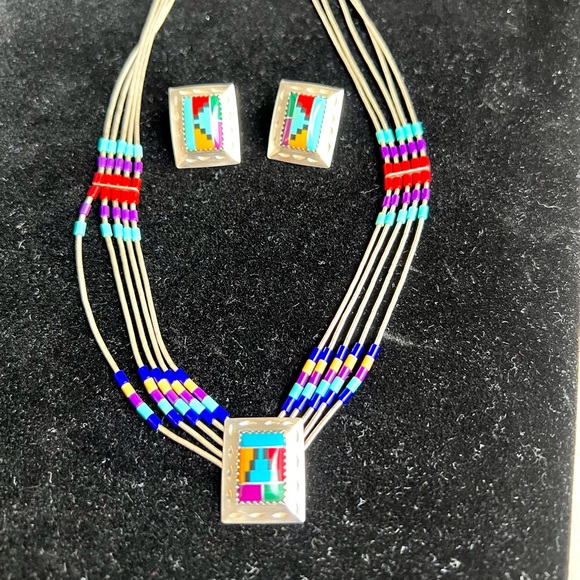 Southwest Style Necklace Earring Set Liquid Silver Semi-Precious Inlay Stones - Picture 6 of 16